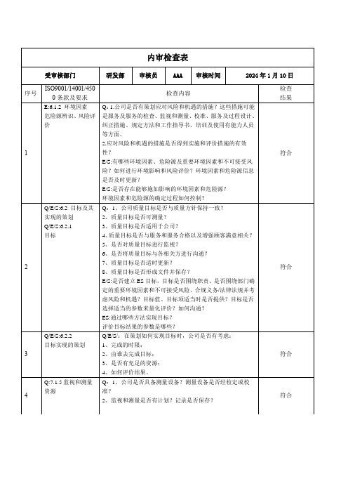 内审检查表-研发部