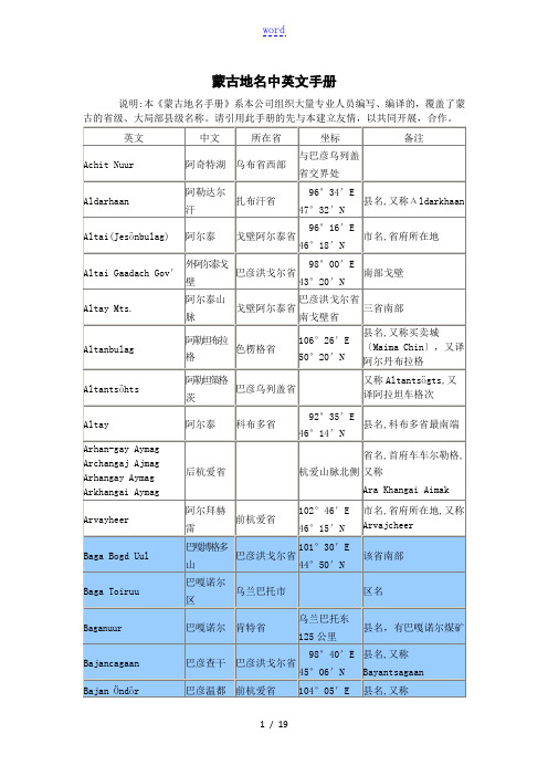 蒙古国中英蒙文地名对照