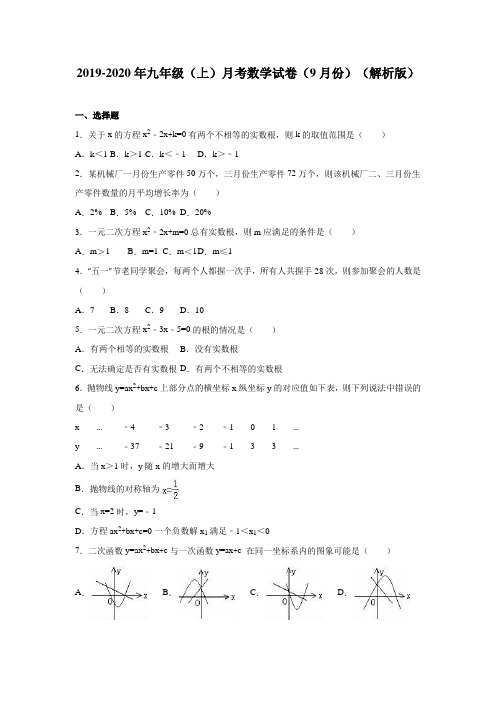 2019-2020年九年级(上)月考数学试卷(9月份)(解析版)