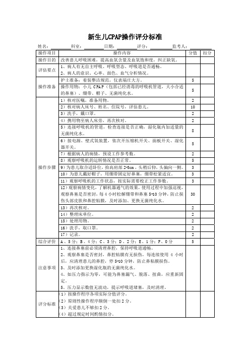 新生儿CPAP操作评分标准表