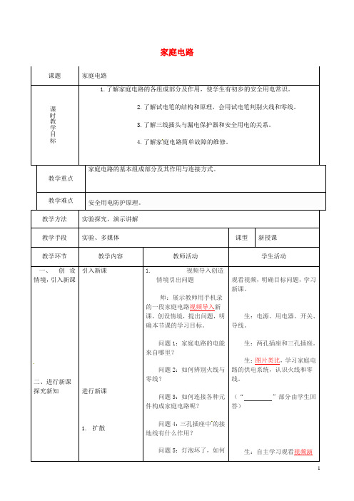 九年级物理全册 19.1 家庭电路教案 (新版)新人教版