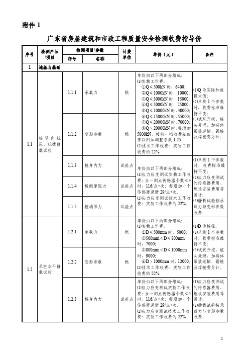 广东省房屋建筑和市政工程工程质量安全检测收费指导价