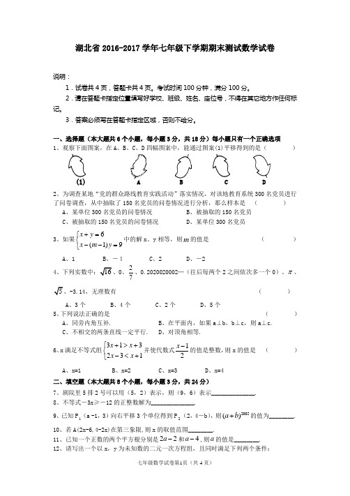 湖北省2016-2017学年七年级下学期期末测试数学试卷