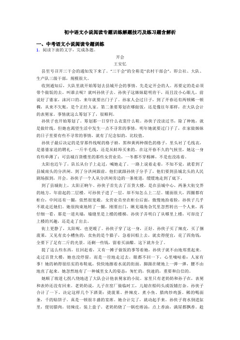 初中语文小说阅读专题训练解题技巧及练习题含解析