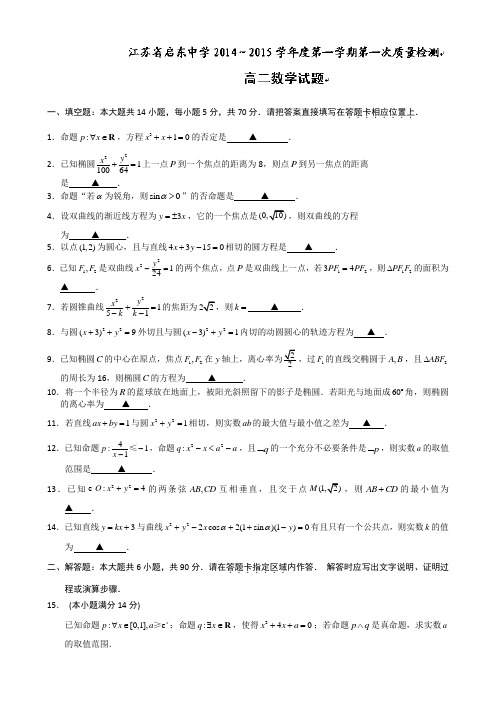 江苏省启东中学2014-2015学年高二上学期第一次月考数学试题 Word版无答案