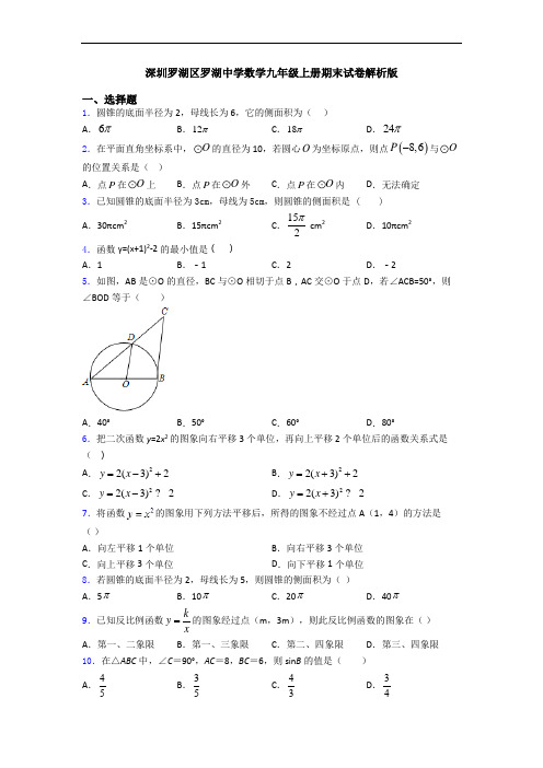 深圳罗湖区罗湖中学数学九年级上册期末试卷解析版