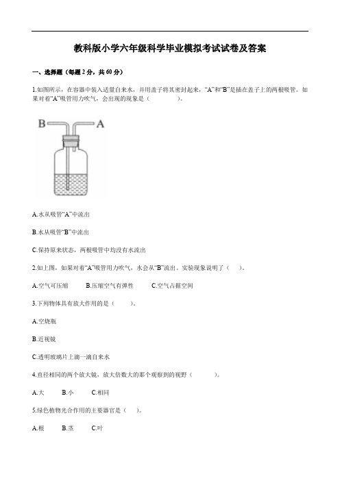 教科版小学六年级科学毕业模拟考试试卷及答案