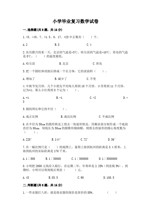 小学毕业复习数学试卷【含答案】