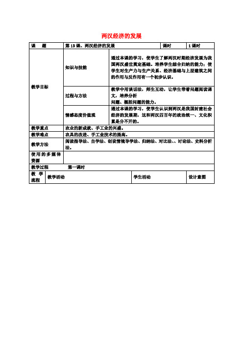 七年级历史上册第13课两汉经济的发展教案新人教版