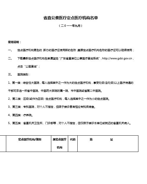 省直公费医疗定点医疗机构名单