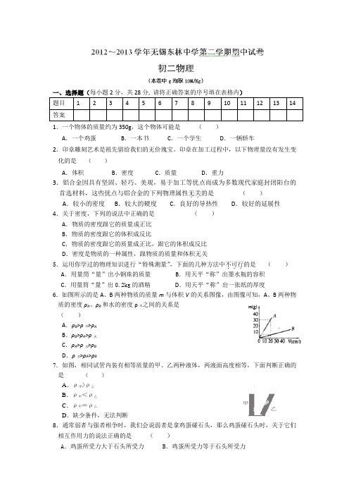 江苏省无锡市东林中学2012-2013学年八年级下学期期中考试物理试题