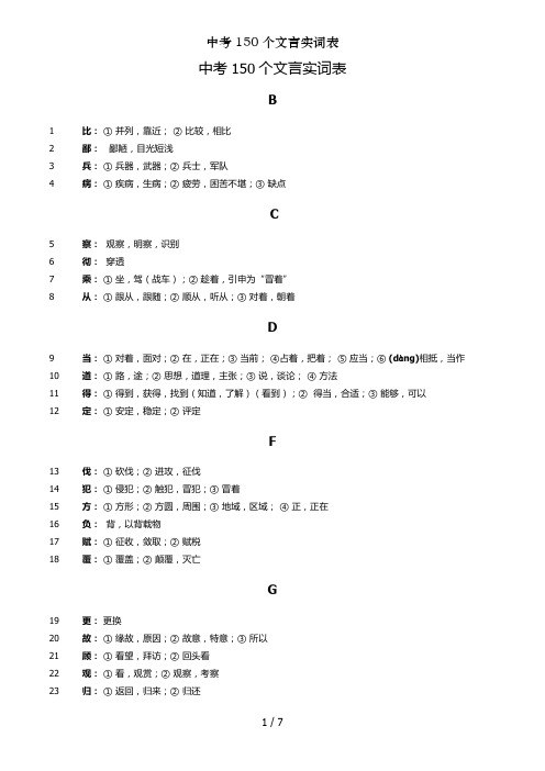 中考150个文言实词表