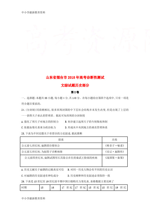 【中小学资料】山东省烟台市2018届高三文综(历史部分)下学期诊断性测试试题