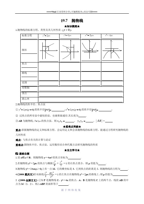 2011年高考数学一轮复习精品学案(人教版A版)§9.7--抛物线--学生用