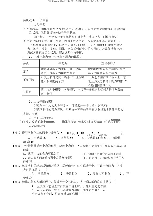 (完整word版)初二物理二力平衡重要知识点总结,文档