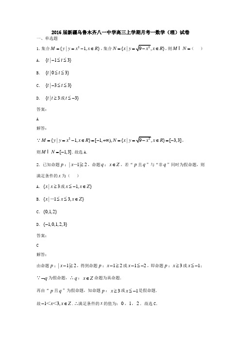 2016届新疆乌鲁木齐八一中学高三上学期月考一数学(理)试卷