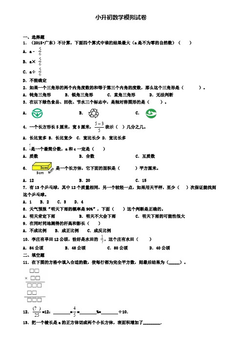 〖精选4套试卷〗广东省韶关市2020年小升初达标测试模拟试题