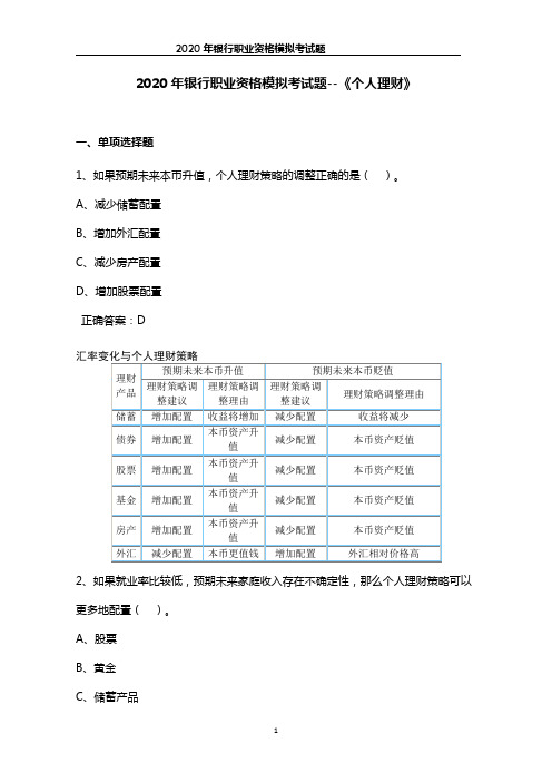 2020年银行职业资格模拟考试题--《个人理财》