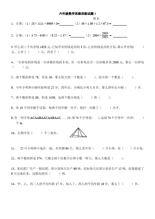 (完整版)六年级数学思维训练试题