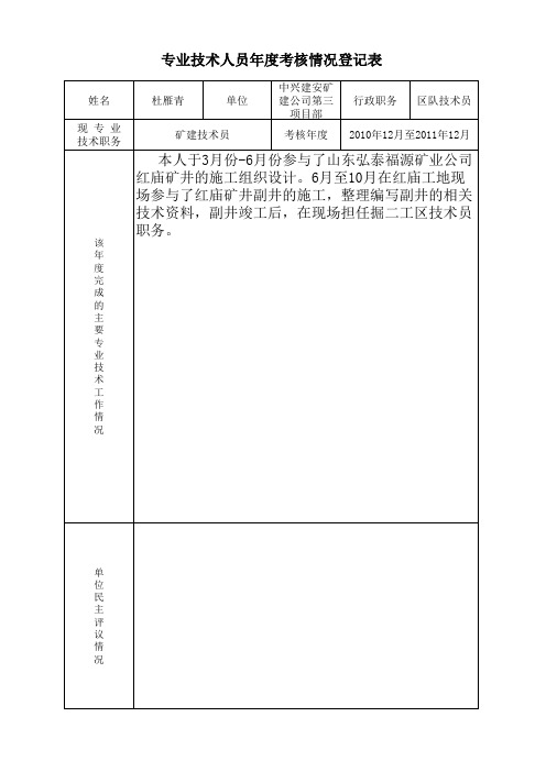 专业技术人员年度考核 工作表