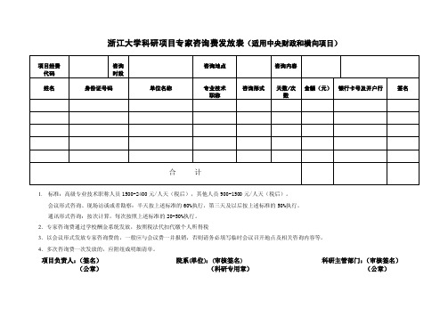 浙江大学科研项目专家咨询费发放表（适用中央财政和横向项