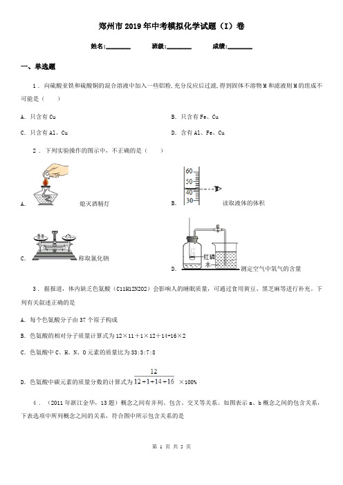 郑州市2019年中考模拟化学试题(I)卷