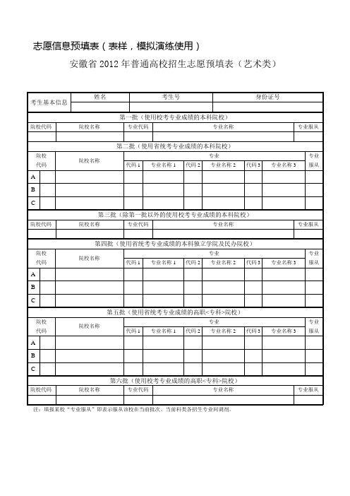 志愿信息预填表表样