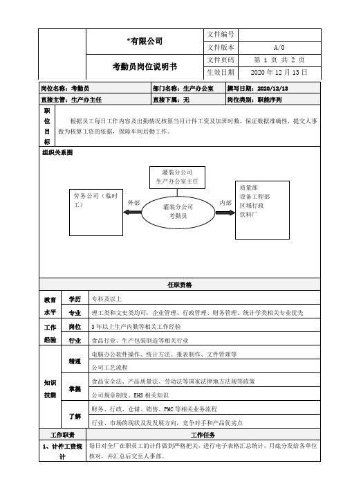 生产考勤员岗位说明书