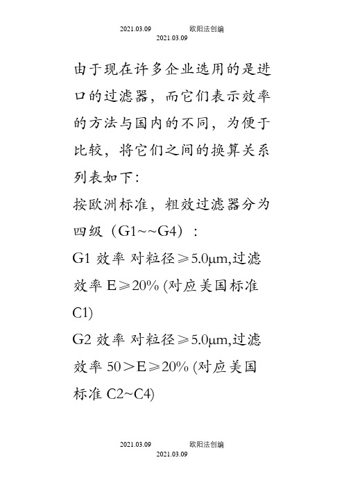 过滤器分级标准之欧阳法创编