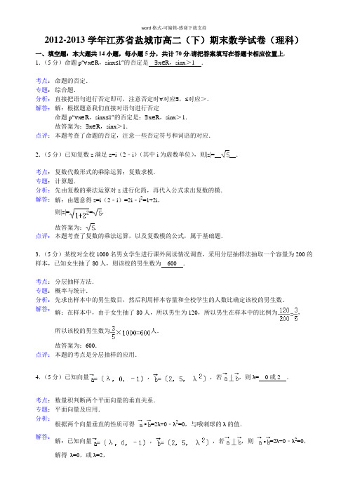 【解析版】盐城市2012-2013学年高二下学期期末考试数学理试题