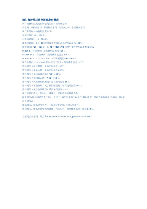 阀门密封件材质使用温度对照表