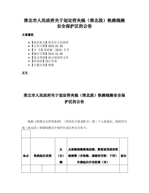 淮北市人民政府关于划定符夹线（淮北段）铁路线路安全保护区的公告