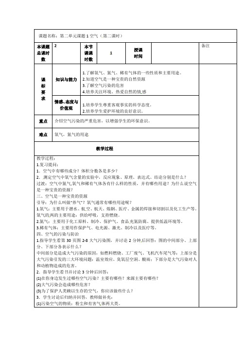 人教版九年级化学上册第二单元空气第二课时,教案