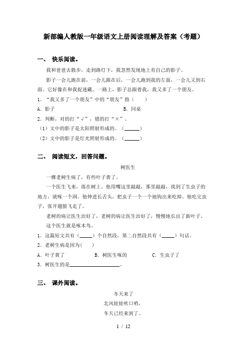 新部编人教版一年级语文上册阅读理解及答案(考题)