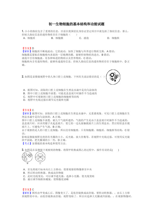 初一生物细胞的基本结构和功能试题
