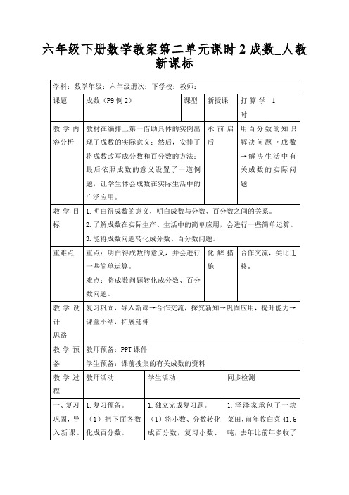 六年级下册数学教案第二单元课时2成数_人教新课标