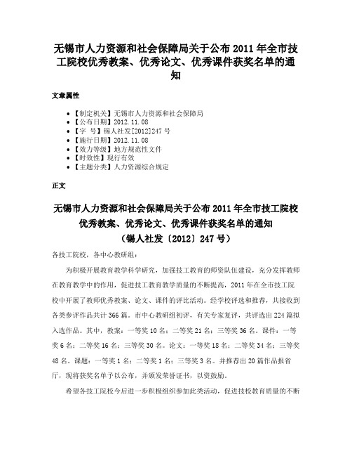 无锡市人力资源和社会保障局关于公布2011年全市技工院校优秀教案、优秀论文、优秀课件获奖名单的通知