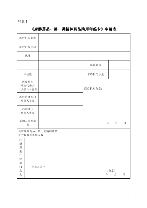 麻醉药品、第一类精神药品购用印鉴卡申请表