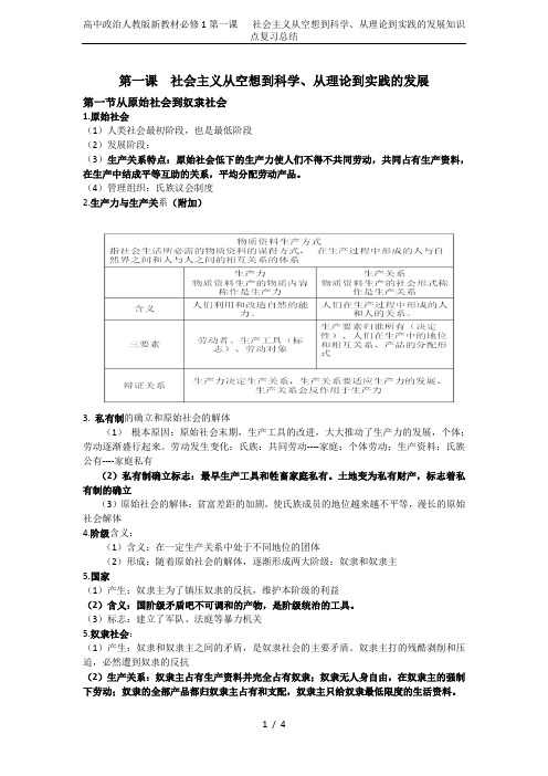 高中政治人教版新教材必修1第一课   社会主义从空想到科学、从理论到实践的发展知识点复习总结