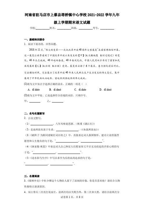 河南省驻马店市上蔡县塔桥镇中心学校2021-2022学年九年级上学期期末语文试题