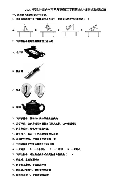 2020年河北省沧州市八年级第二学期期末达标测试物理试题含解析