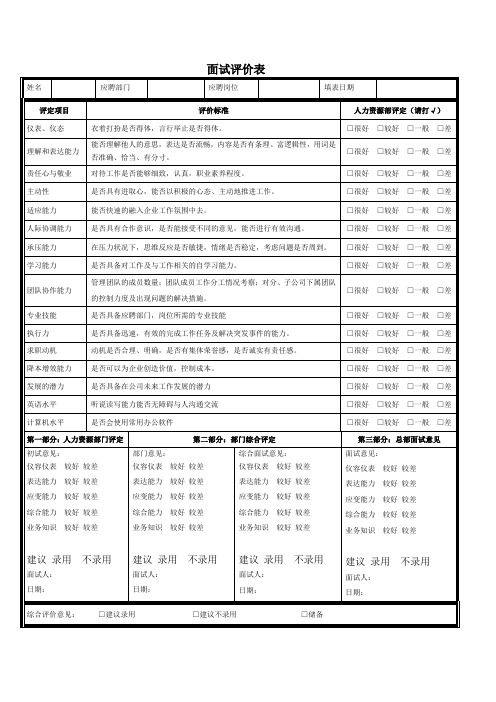 人事管理表格面试评价表