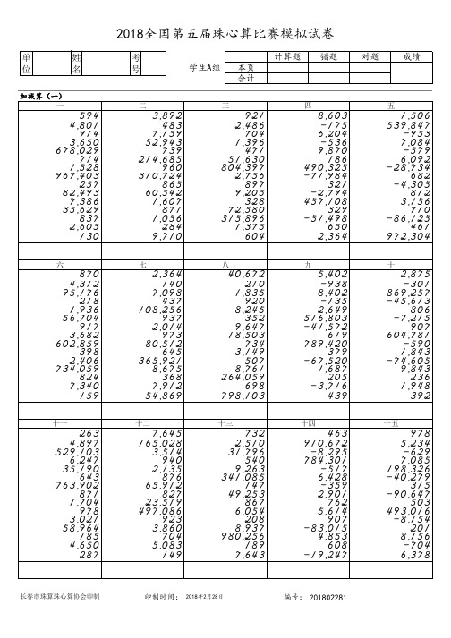 全国第五届珠心算比赛学生A组模拟试卷（A4版5套含答案60页）