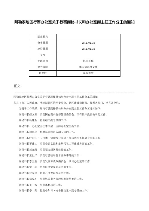 阿勒泰地区行署办公室关于行署副秘书长和办公室副主任工作分工的通知-