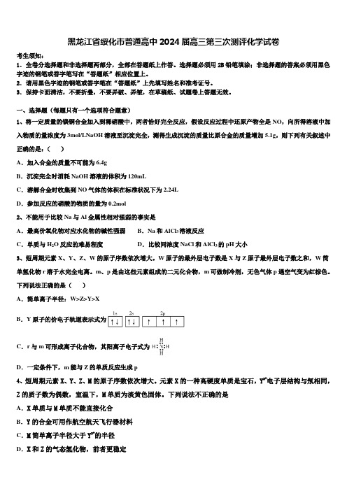 黑龙江省绥化市普通高中2024届高三第三次测评化学试卷含解析