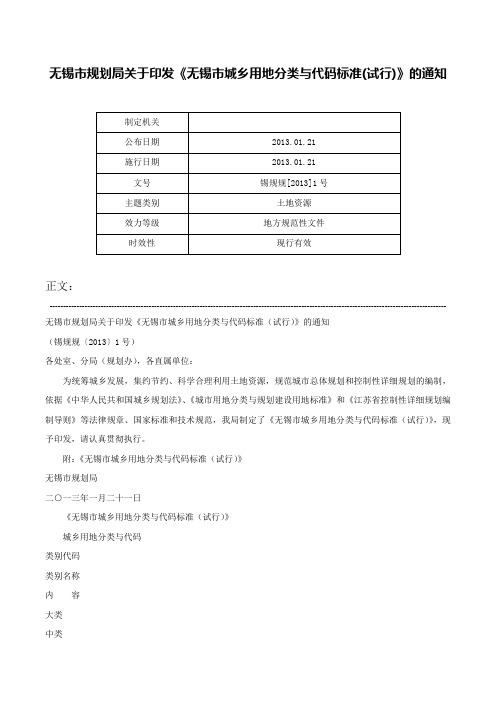 无锡市规划局关于印发《无锡市城乡用地分类与代码标准(试行)》的通知-锡规规[2013]1号