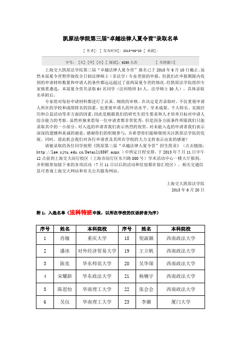 凯原法学院第三届“卓越法律人夏令营”录取名单