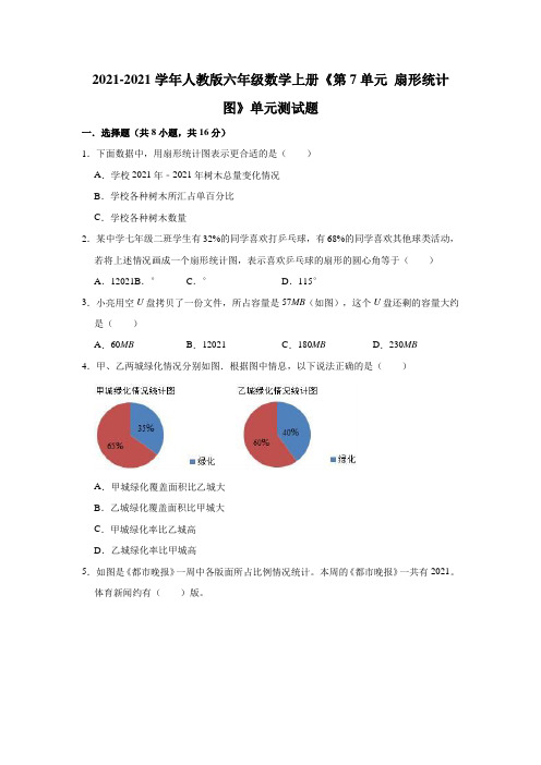 【小学】2021 2022人教版六年级数学上册《 扇形统计图》单元测试题含答案