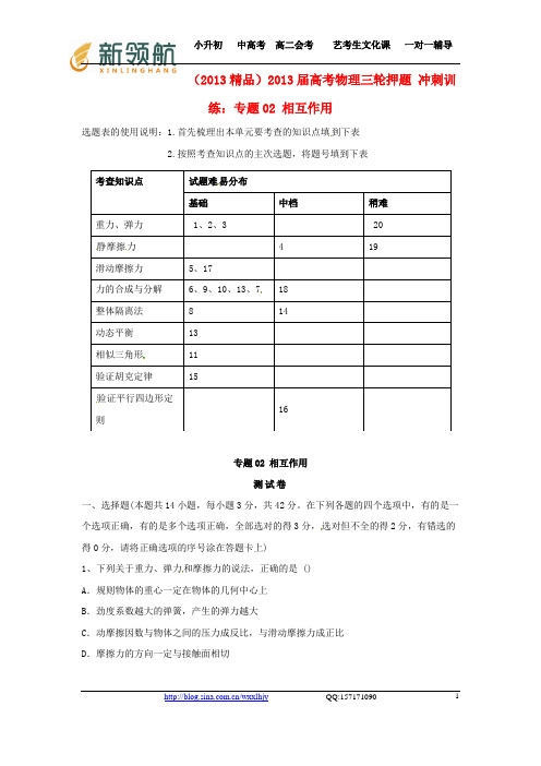 无锡新领航教育特供：2013届高考物理三轮押题 精品冲刺训练 专题02 相互作用