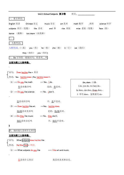 开心英语四年级上册英语知识归纳和练习复习卷